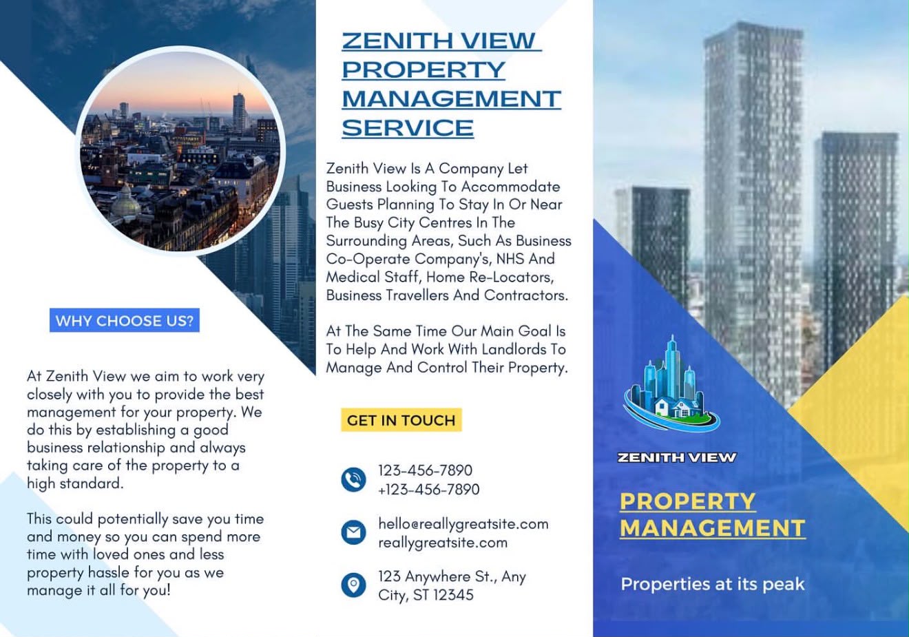 Zenith View Property Management tri-fold brochure with city photography and contact details