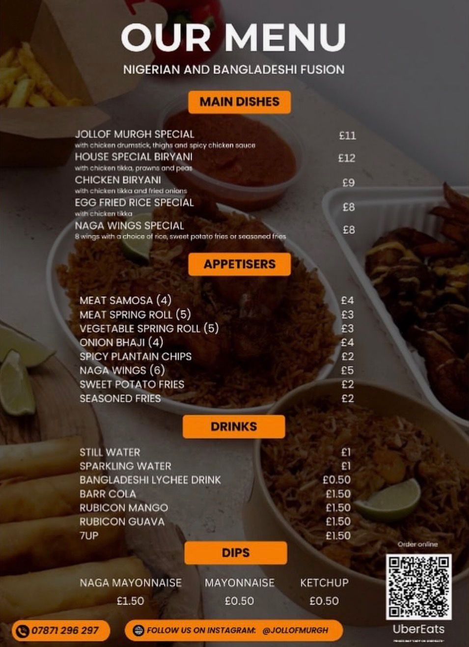 Restaurant menu for Nigerian and Bangladeshi fusion dishes